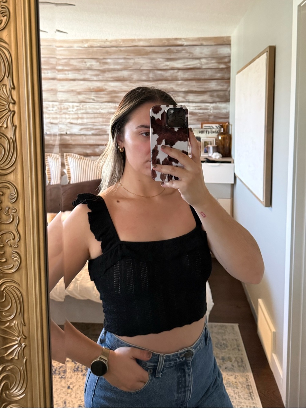 Zara Black Ruffle-Strap Knit Crop Tank